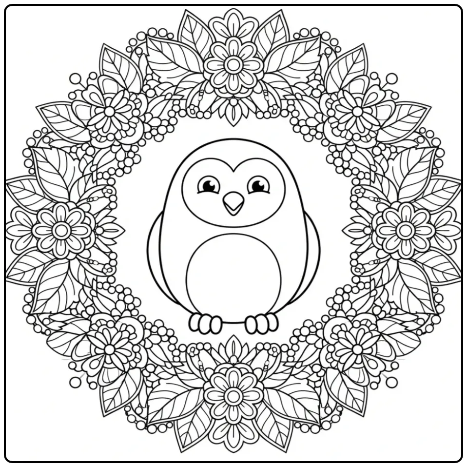 Mandala owl coloring page with flowers and leaves