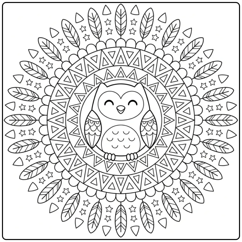 Mandala owl coloring page with a smiling owl
