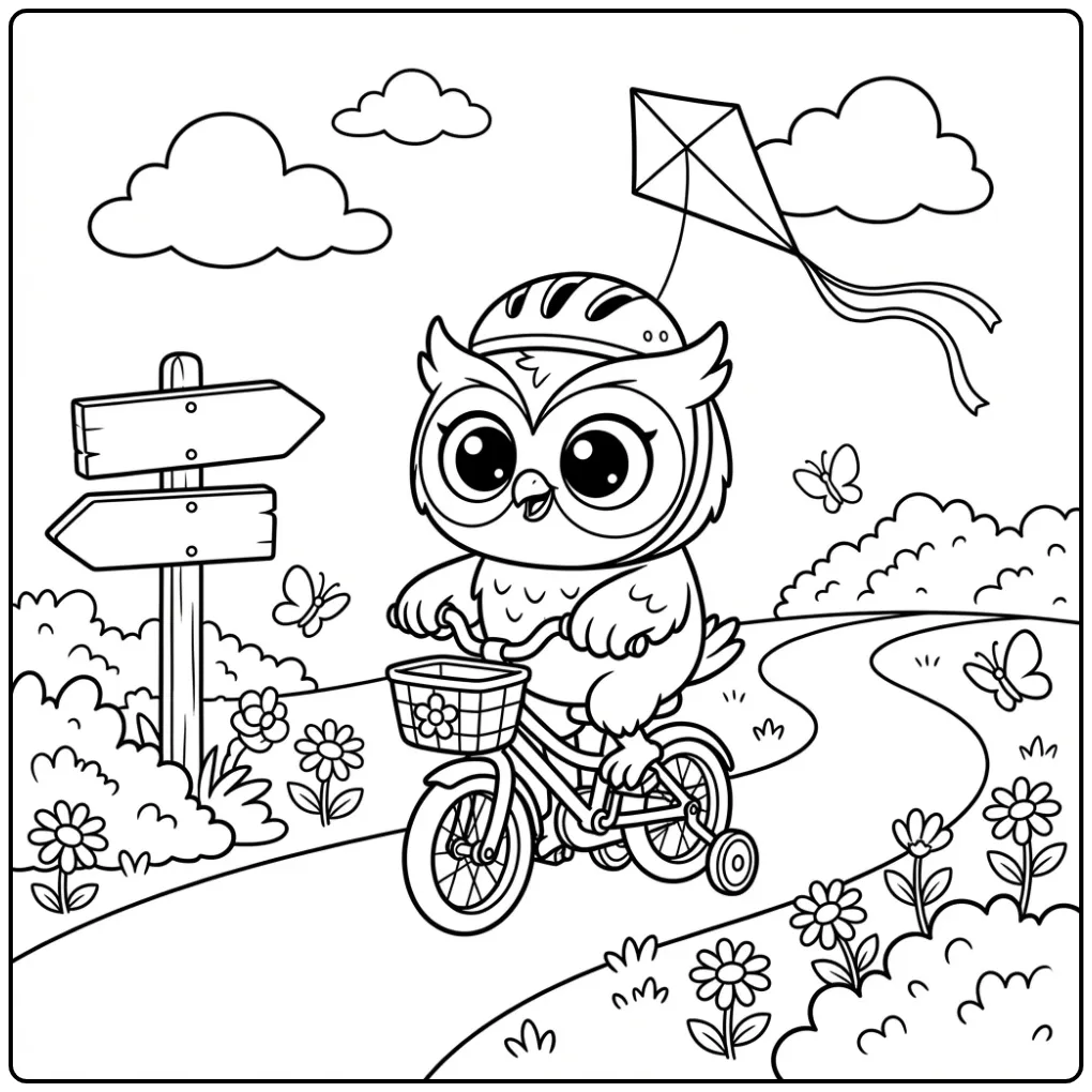 Owl coloring page riding a bike in the park