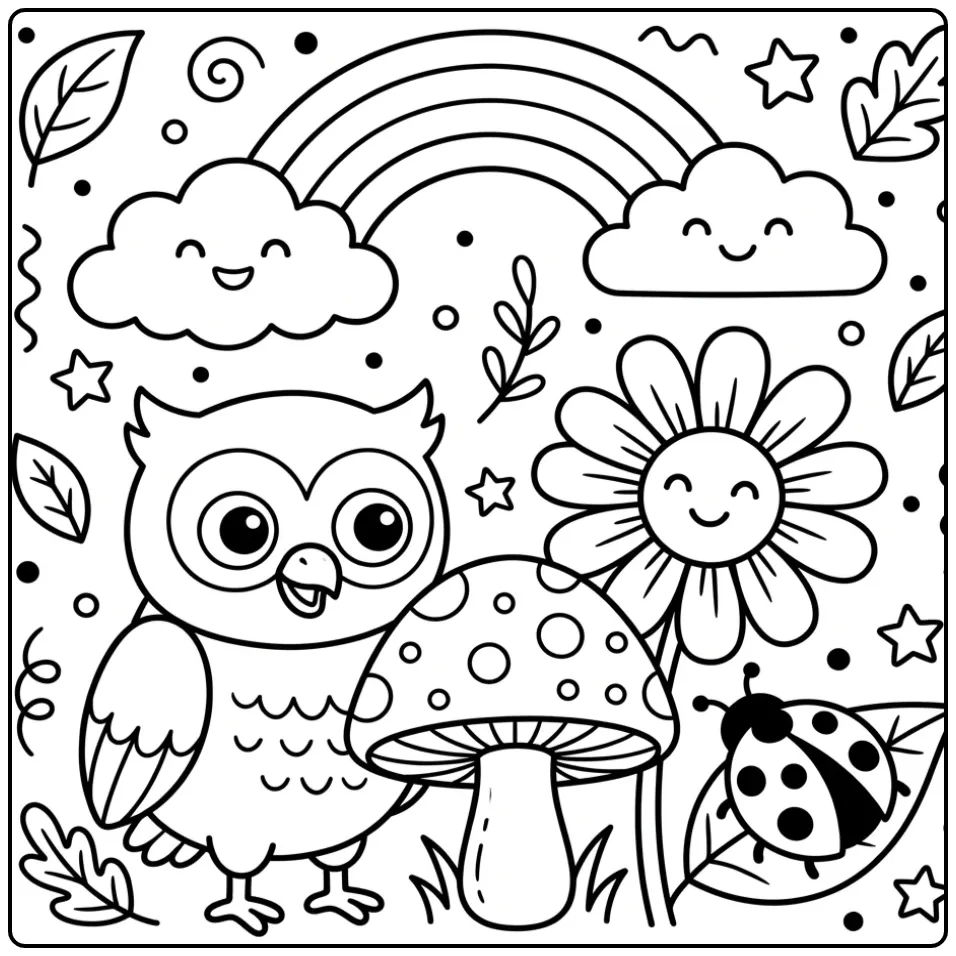 Toddler owl coloring page with a flower and rainbow
