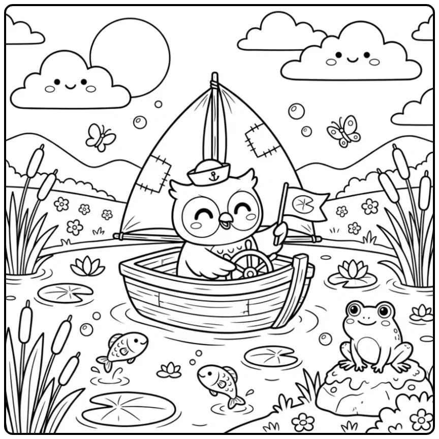 Owl coloring page as a captain in a small boat