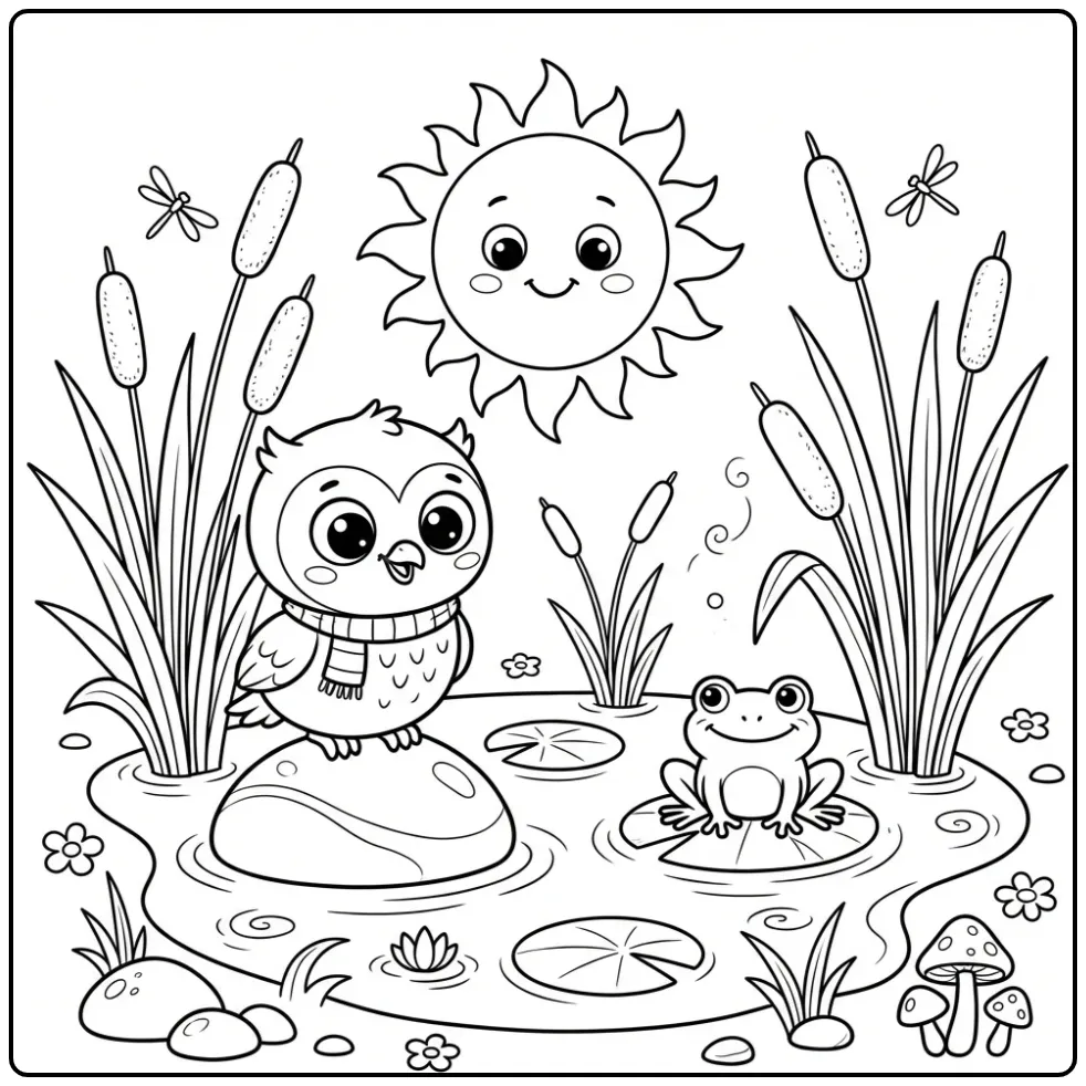 Little owl coloring page with a scarf on a stone