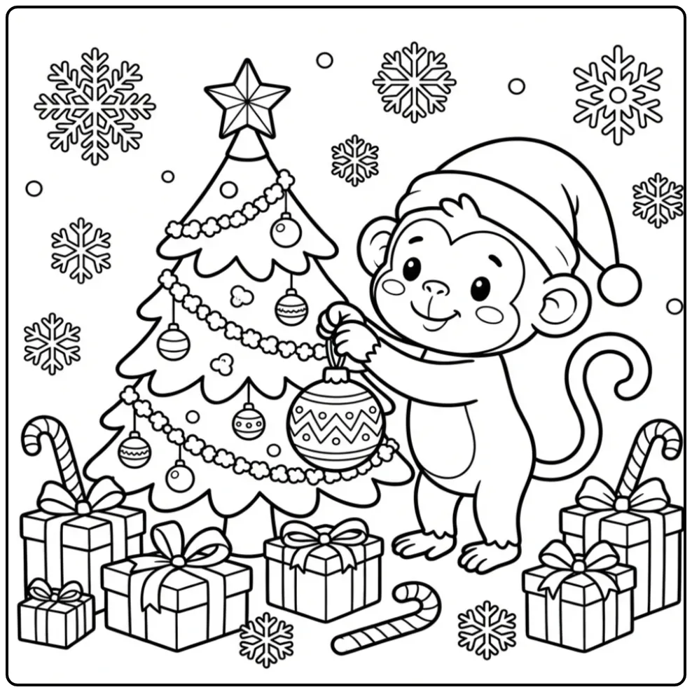 Christmas monkey coloring page hanging an ornament