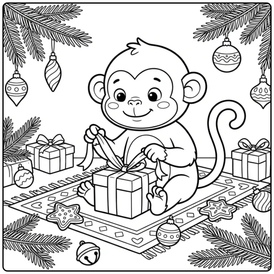 Christmas monkey coloring page wrapping a gift