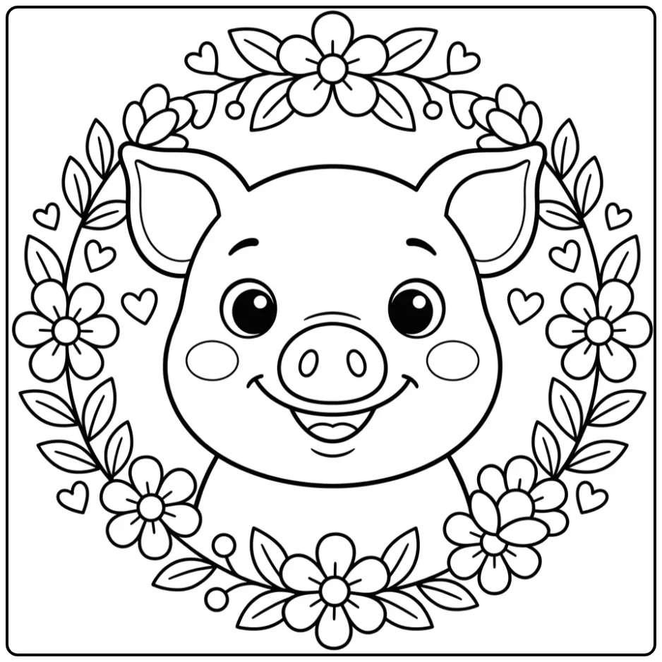 Pig head coloring page with flowers and hearts