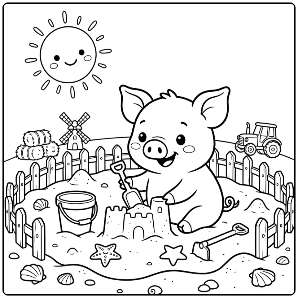Pig coloring page with a piglet building a sandcastle