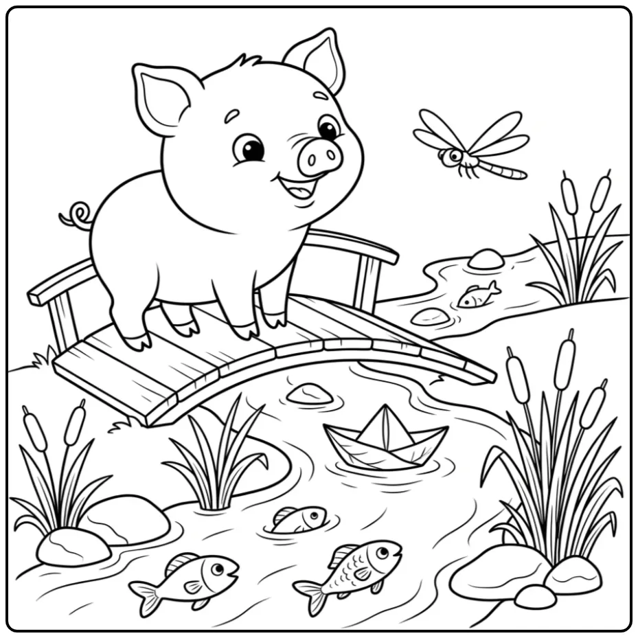 Pig coloring page on a small bridge by a creek