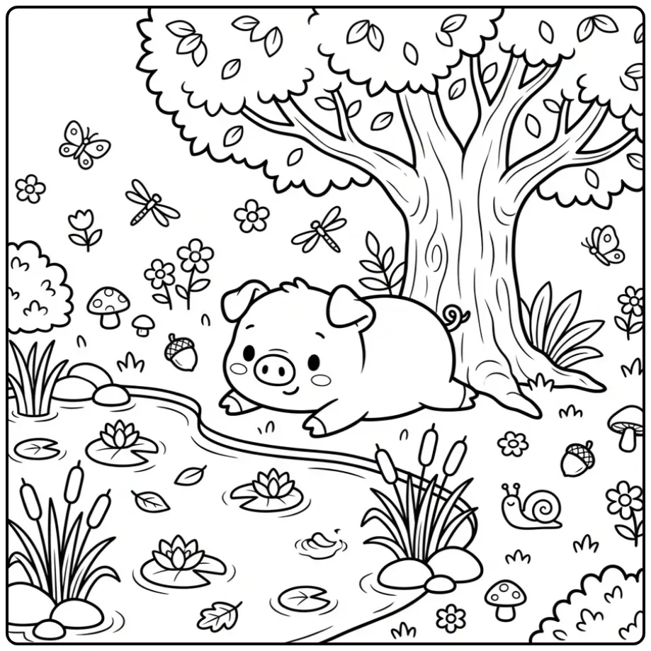 Pig coloring page resting near a pond with reeds