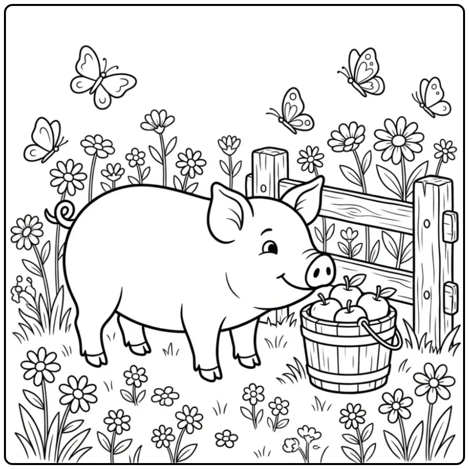 Pig coloring page sniffing apples by a fence