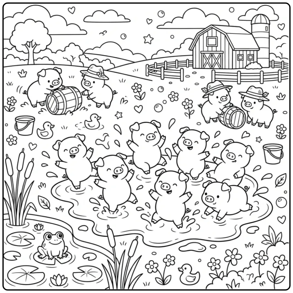 Pigs coloring page playing together in mud