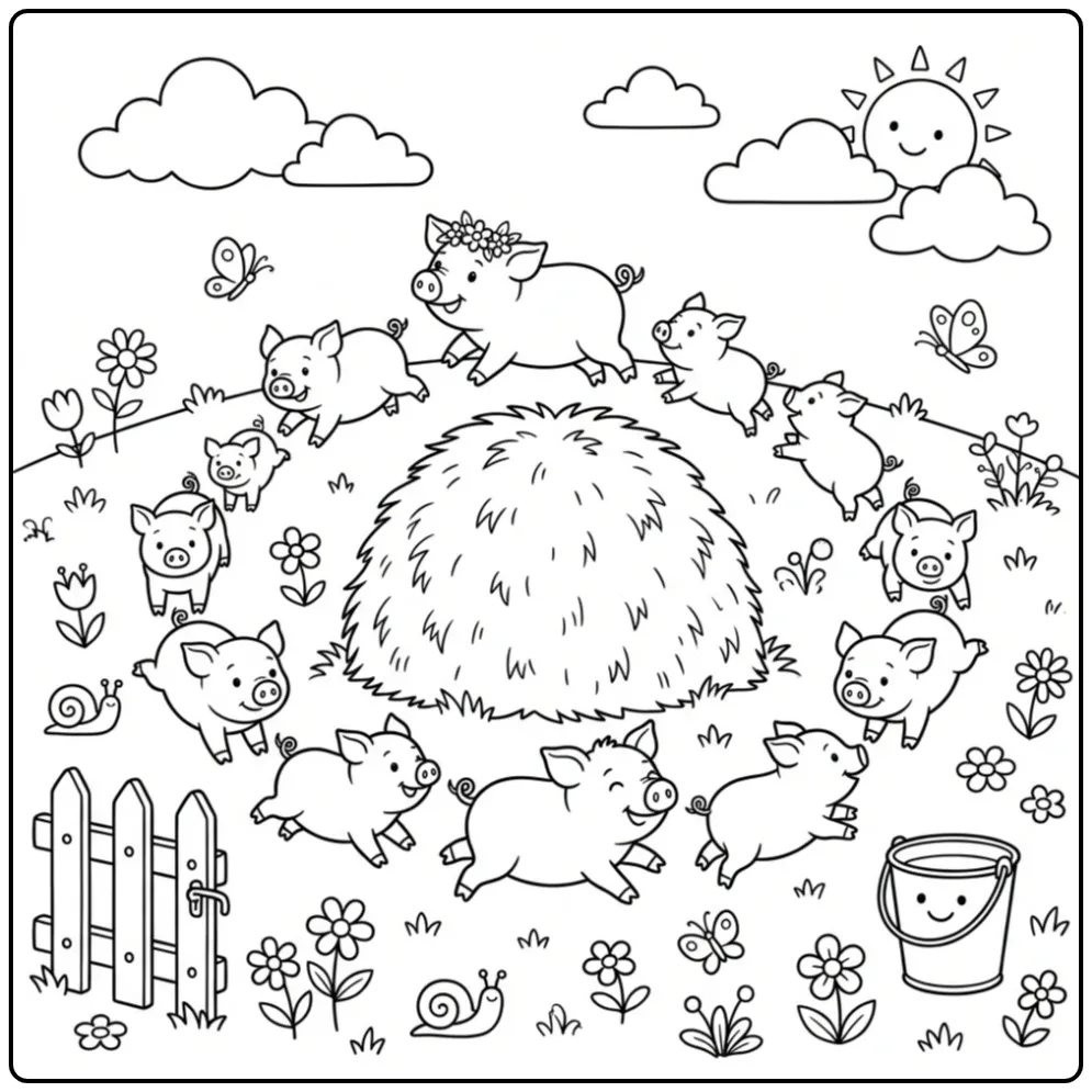 Pigs coloring page playing around a hay bale