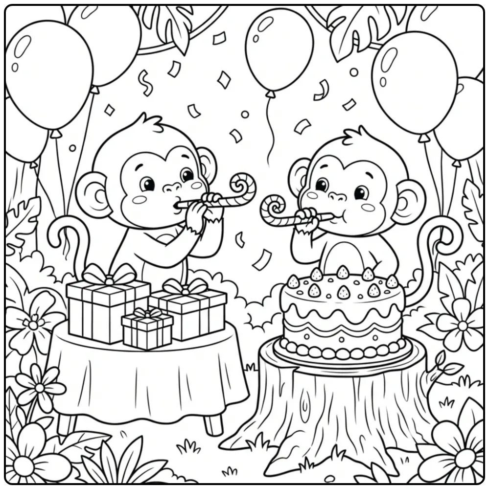 Birthday monkey coloring page with two party monkeys