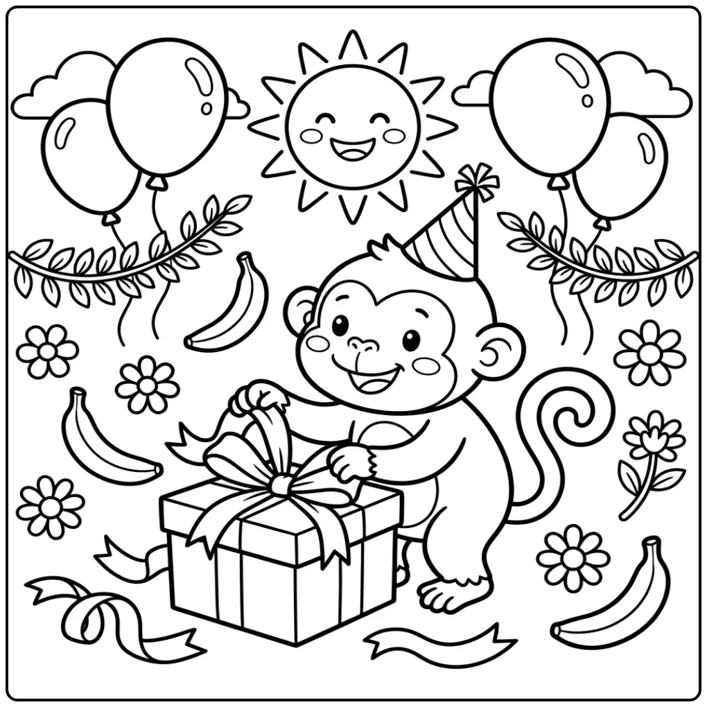 Birthday monkey coloring page with a gift and bananas