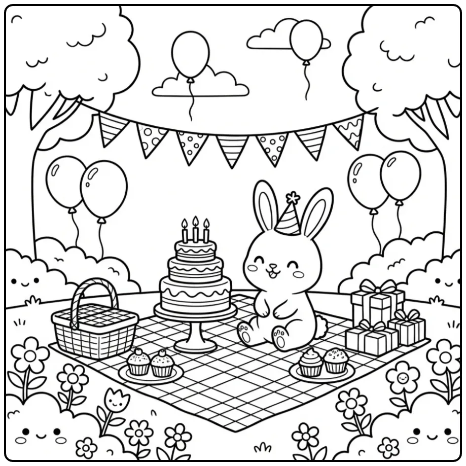 Birthday rabbit coloring page with cake and a party scene