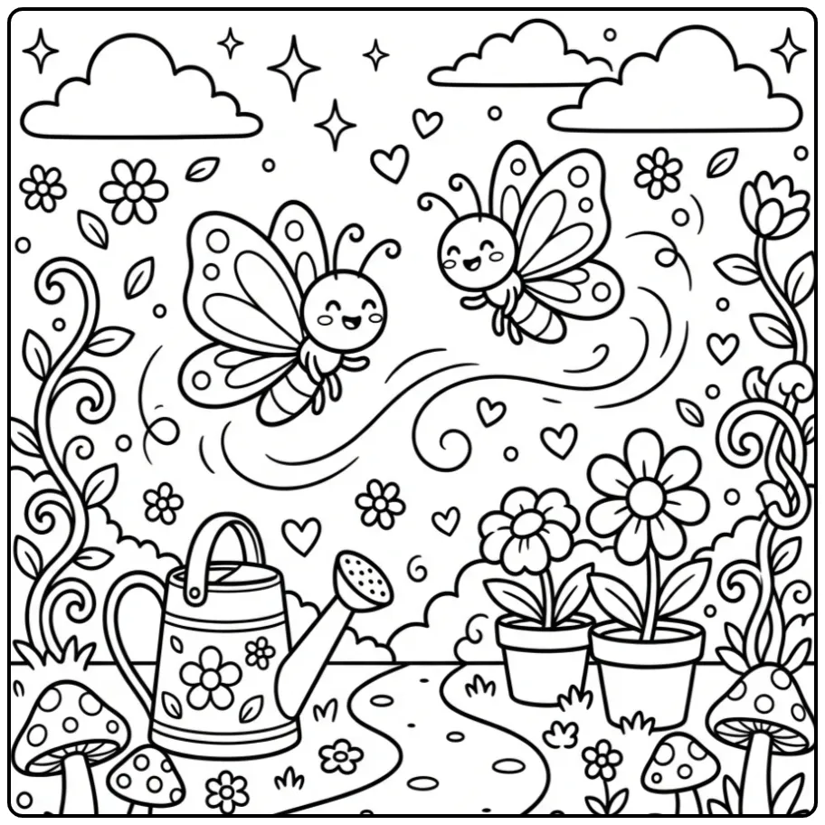 Butterfly coloring page with two insects playing in a garden