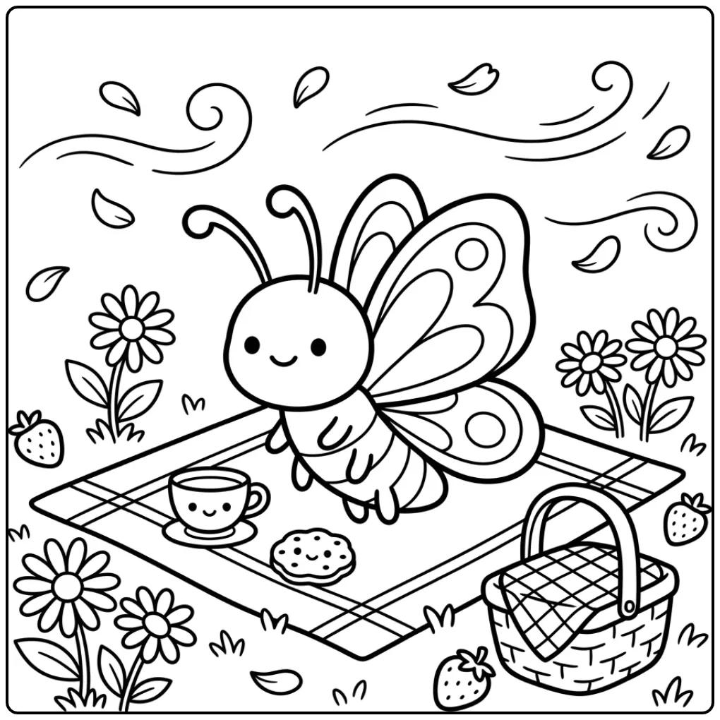 Butterfly coloring page at a picnic with tea
