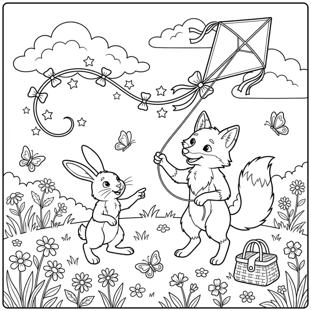 Fox and rabbit coloring page flying a kite