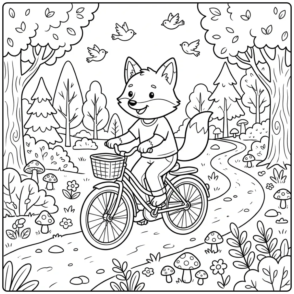 Fox coloring page riding a bike on a forest path