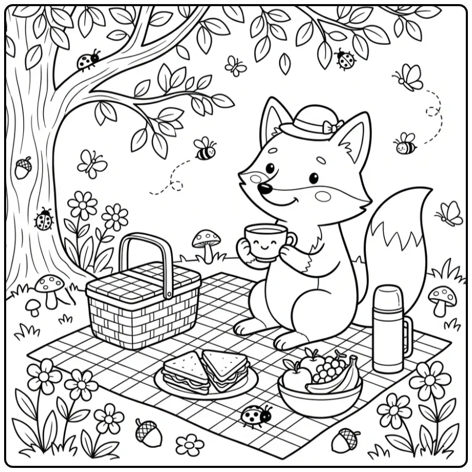 Fox coloring page having a picnic with fruit and sandwiches