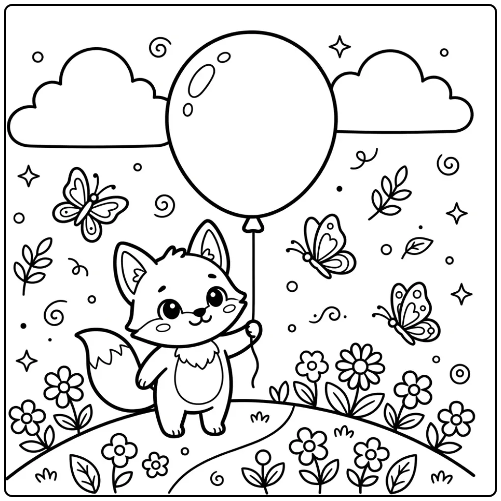 Little fox coloring page with a big balloon and butterflies