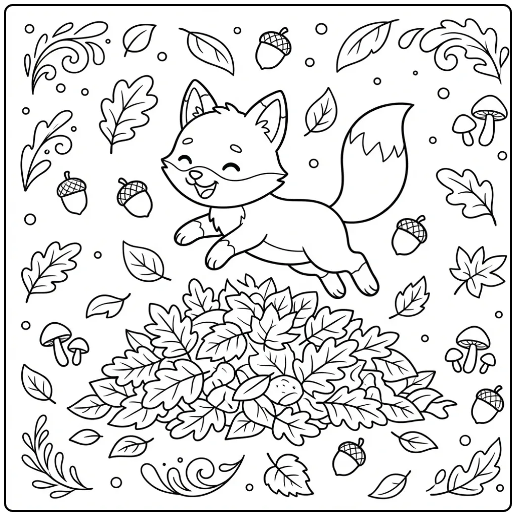 Little fox coloring page jumping in autumn leaves