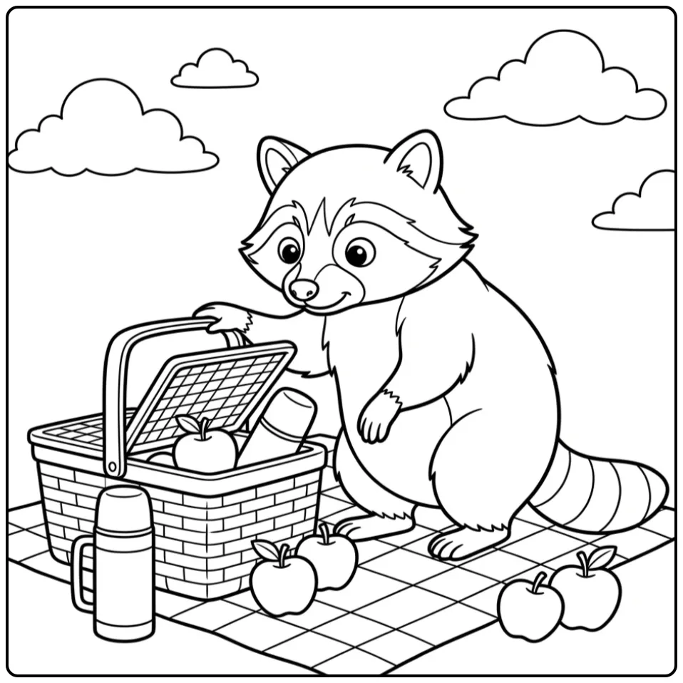 Cute raccoon coloring page sniffing in a picnic basket