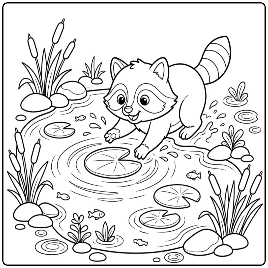 Playful baby raccoon coloring page by a pond with water lilies