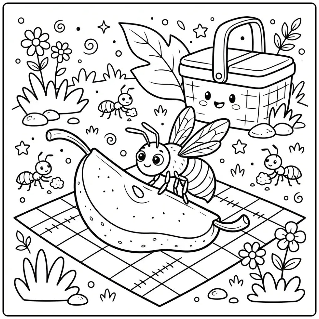 Wasp coloring page on a pear during a picnic