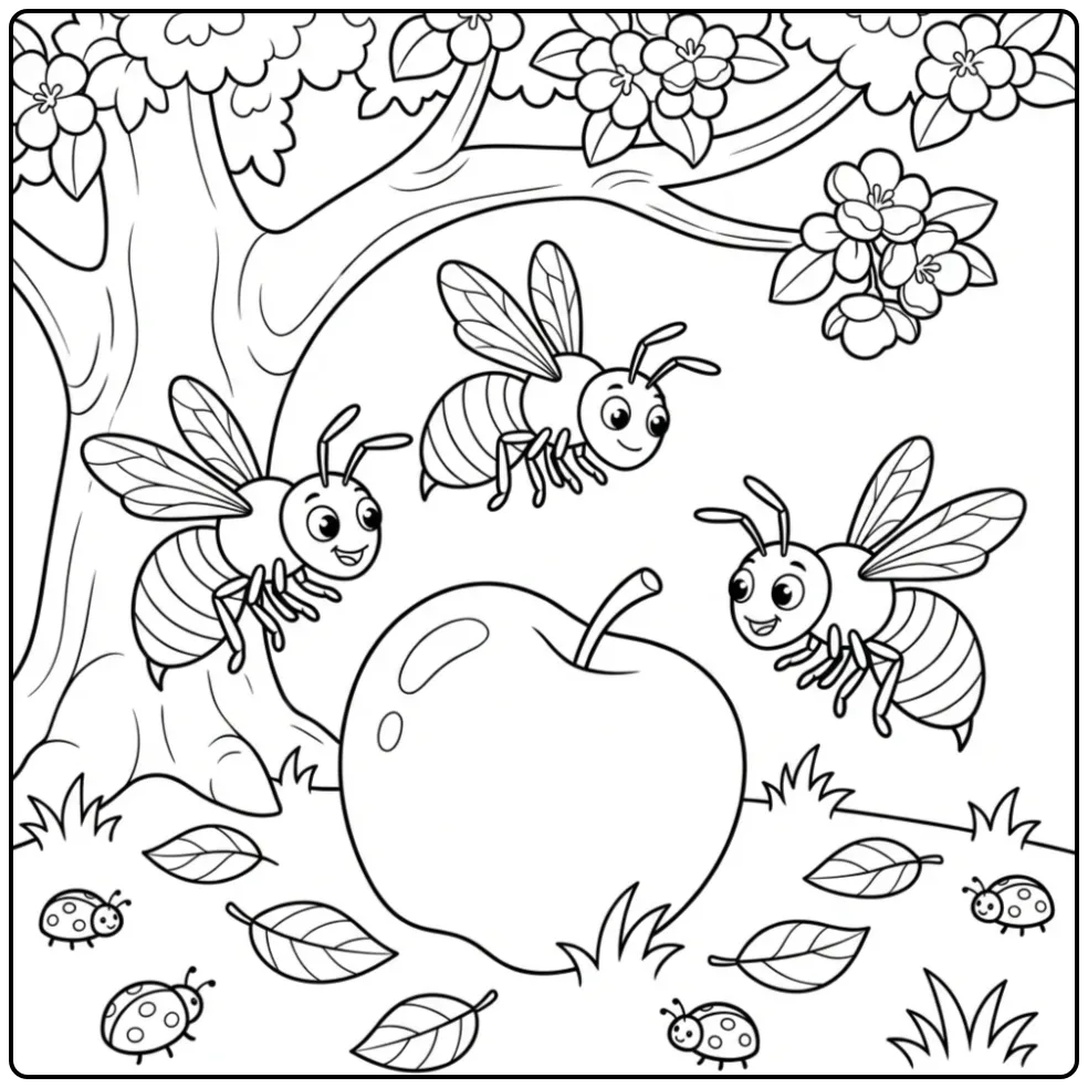 Cute wasp coloring page with three wasps and an apple