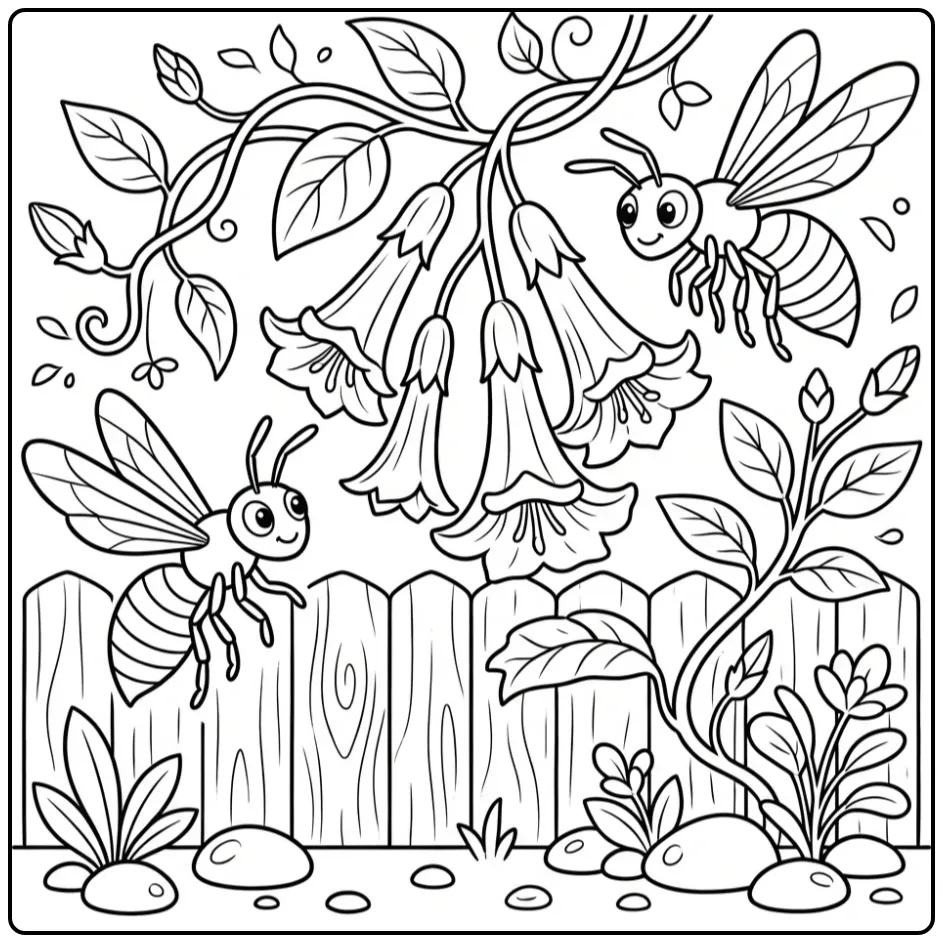 Cartoon wasp coloring page collecting nectar from flowers