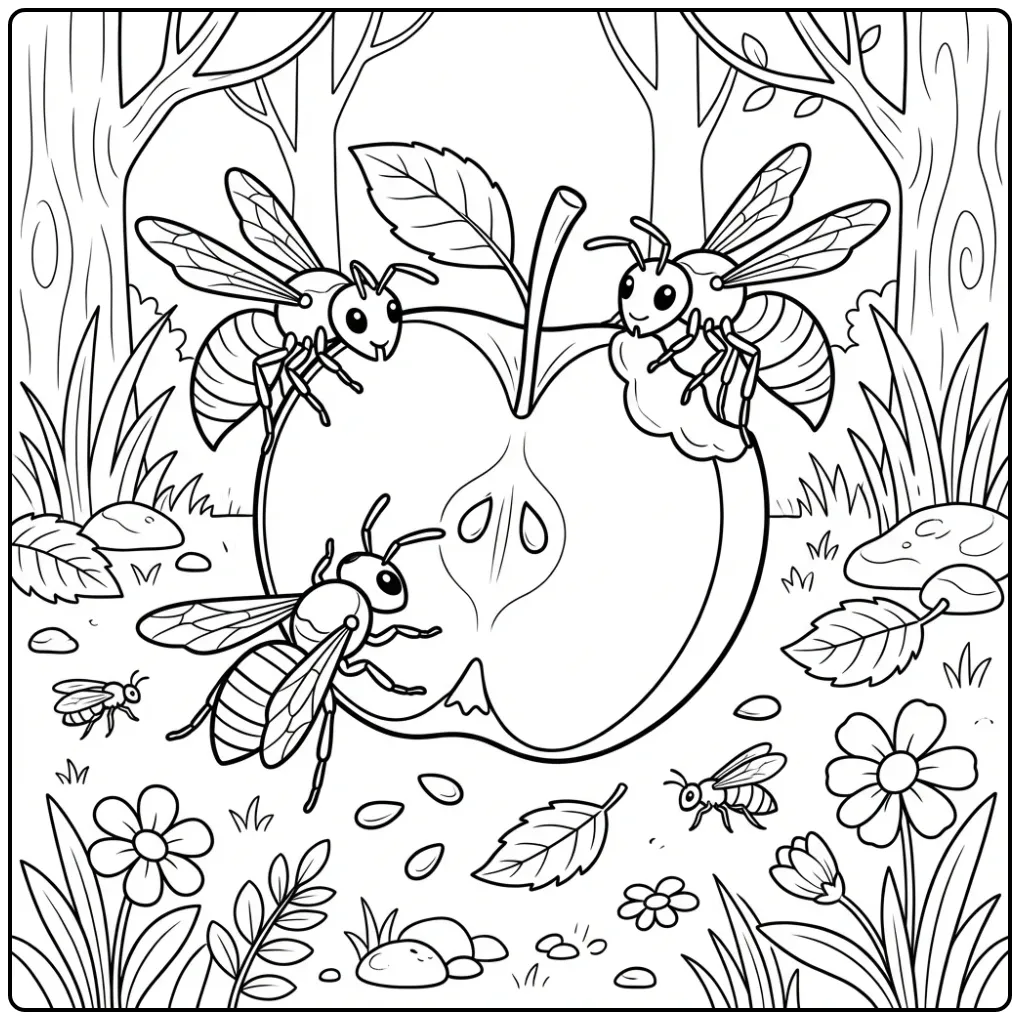 Cute wasp coloring page with friends on an apple
