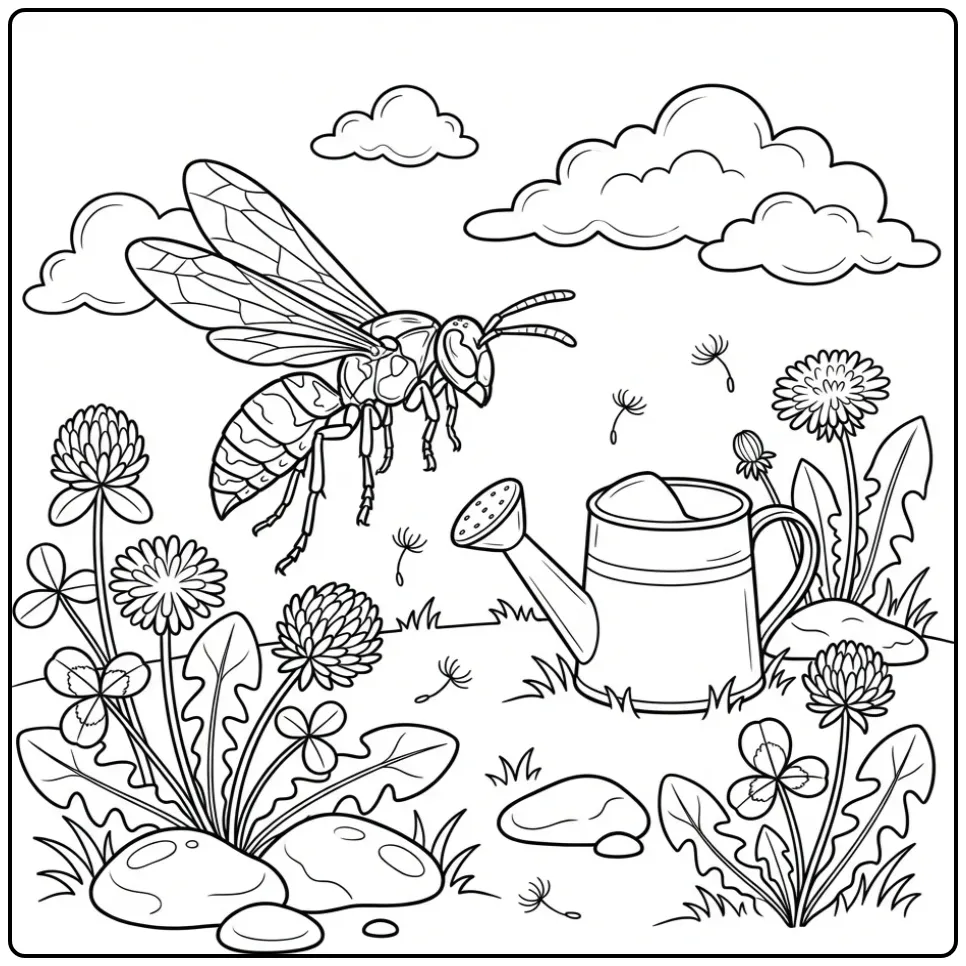 Cute wasp coloring page flying above flowers and stones