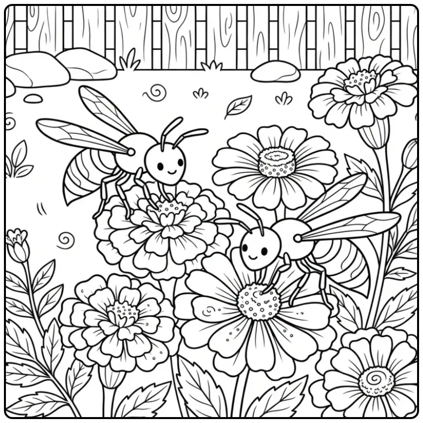 Cute wasp coloring page looking for pollen on flowers
