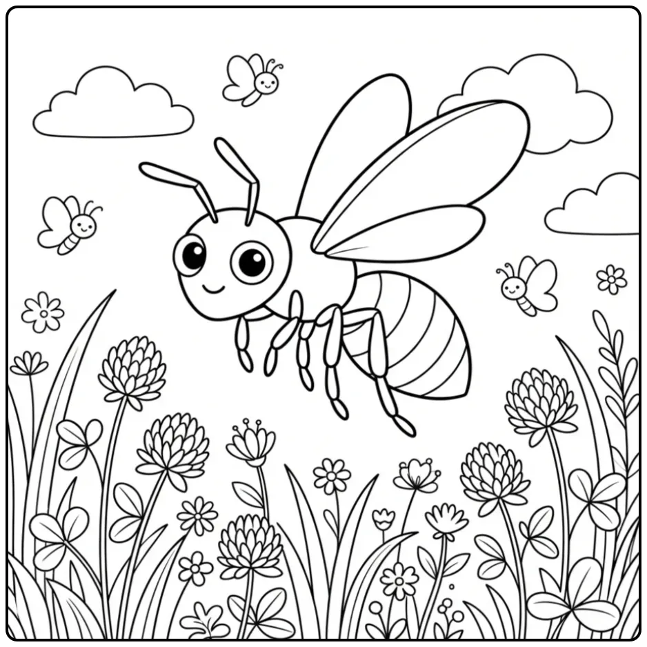Cute wasp coloring page flying above flowers and grass