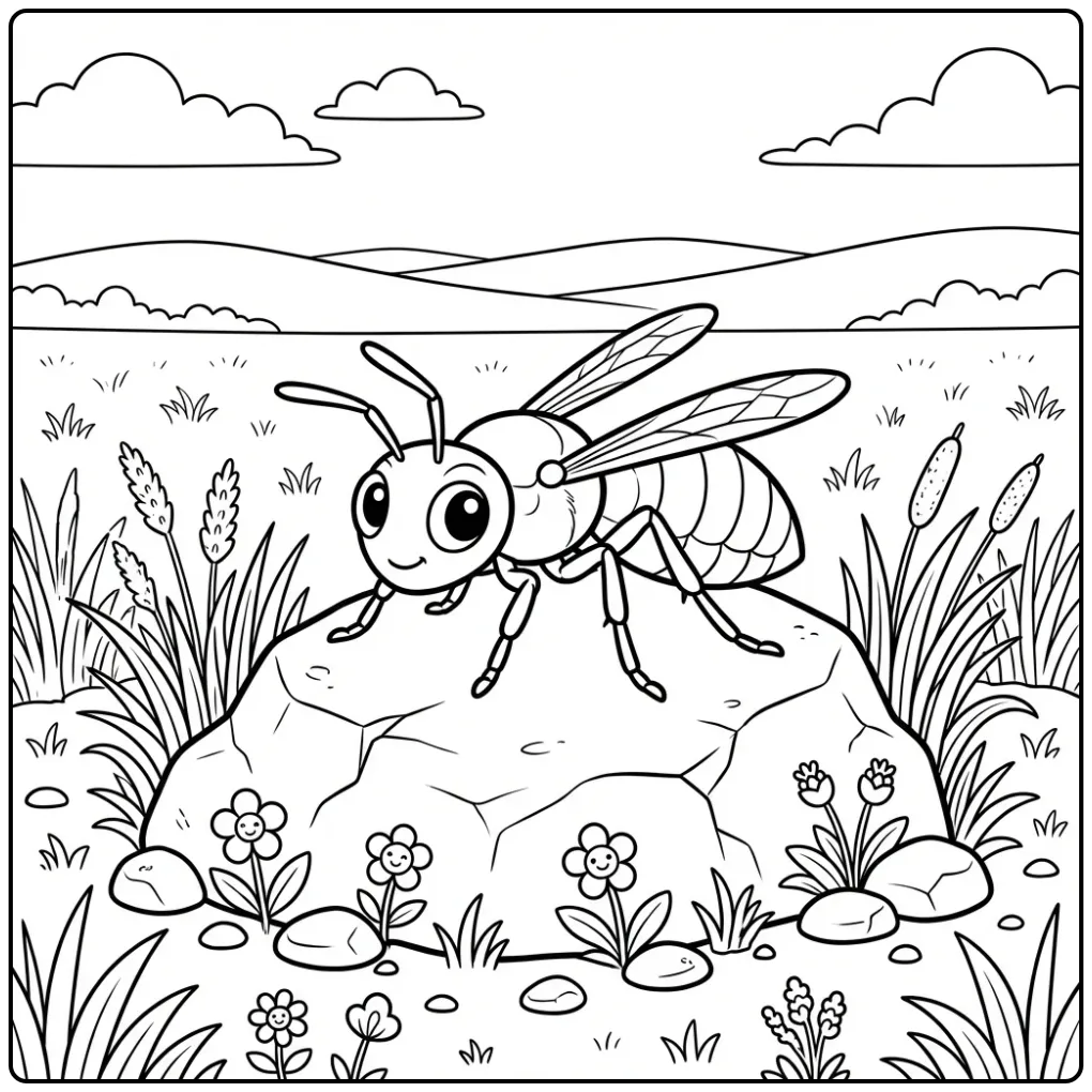 Cute wasp coloring page sitting on a rock with flowers