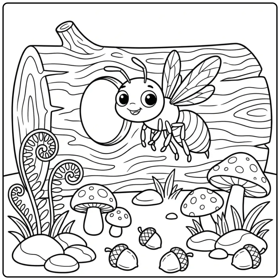 Cute wasp coloring page near a hollow tree trunk