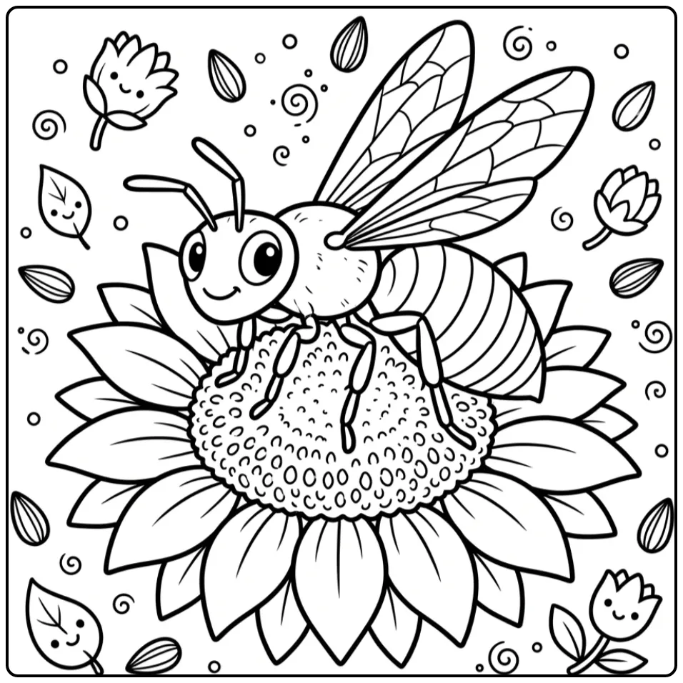 Cute wasp coloring page on a sunflower