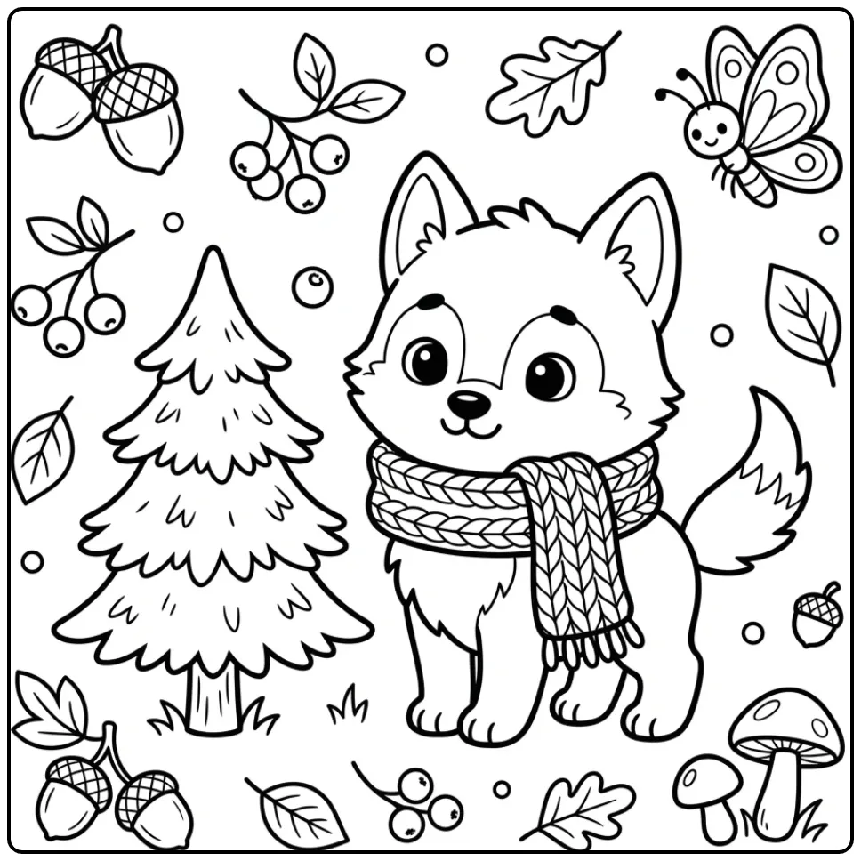 Wolf pup coloring page featuring a pup with a scarf