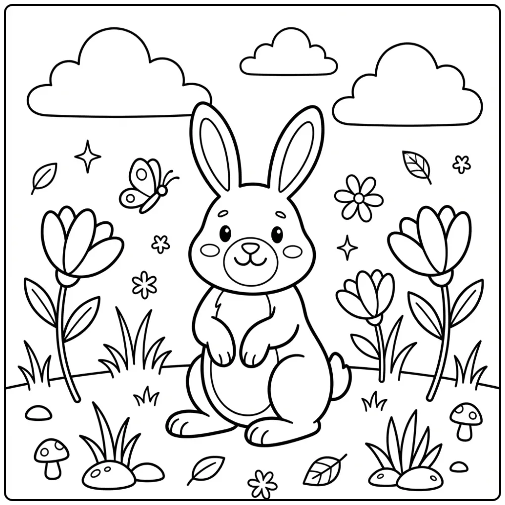 Easy rabbit coloring page with a sitting rabbit and butterfly