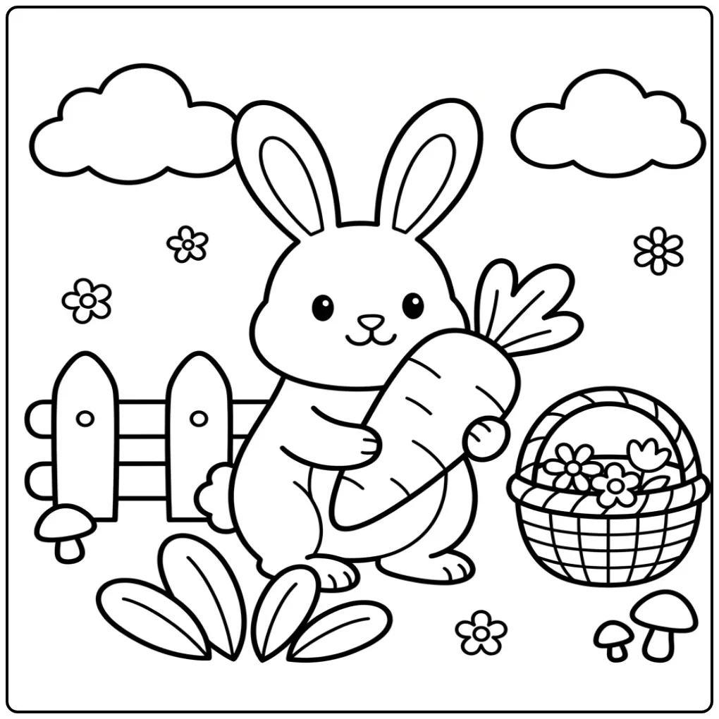 Toddler rabbit coloring page with a carrot and fence
