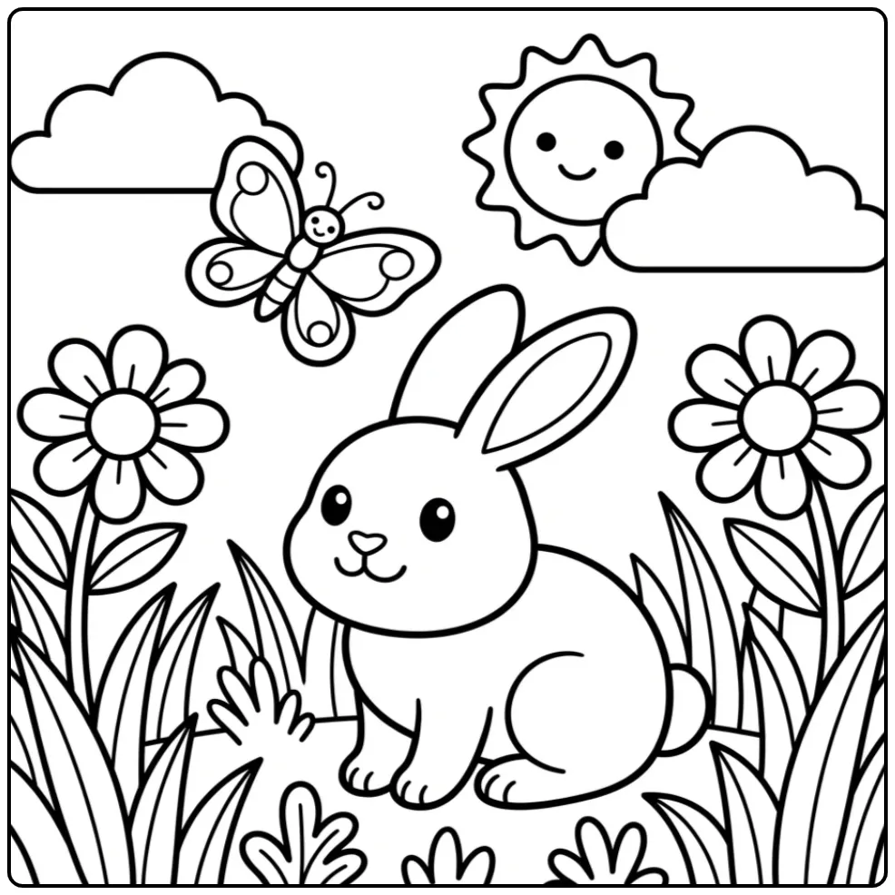 Toddler rabbit coloring page with flowers and a butterfly
