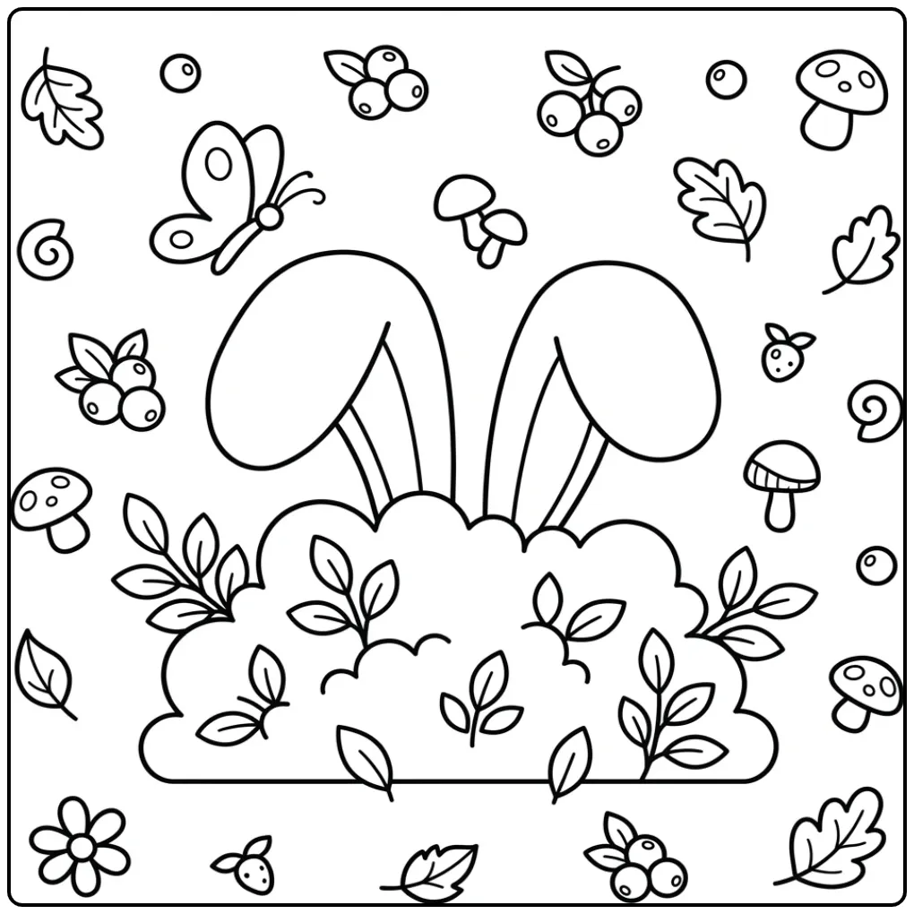 Rabbit ears coloring page behind a bush with berries