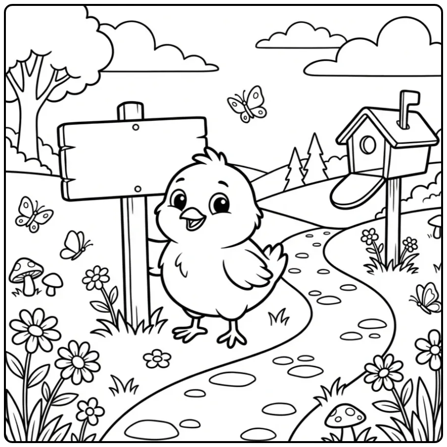 Chick coloring page with a signpost and flowers