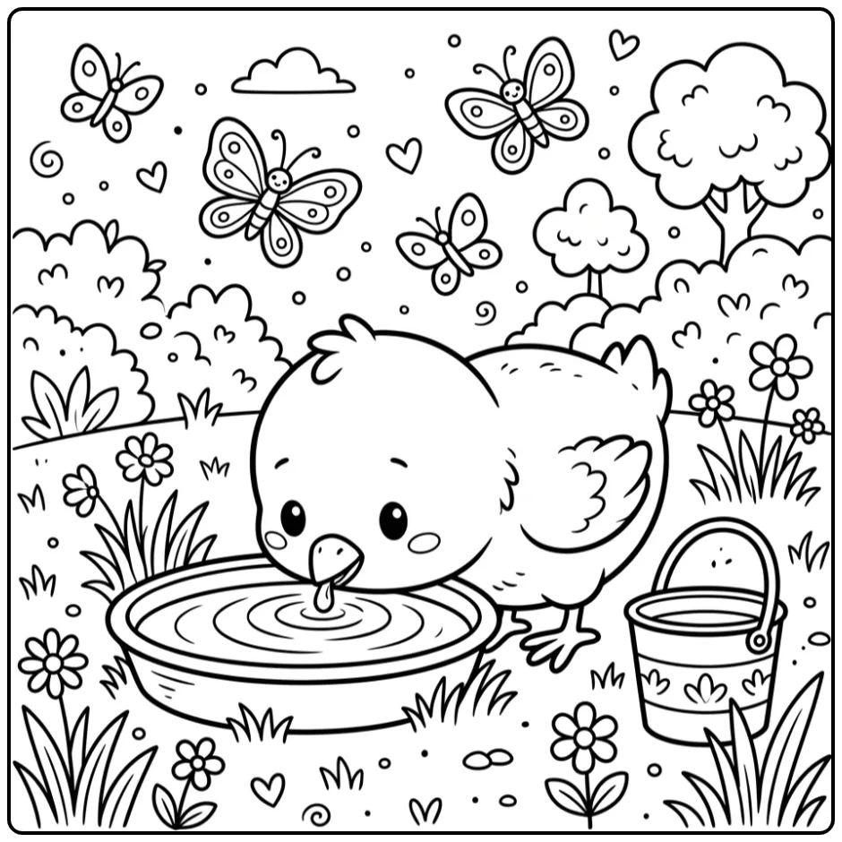 Chick coloring page drinking from a water bowl