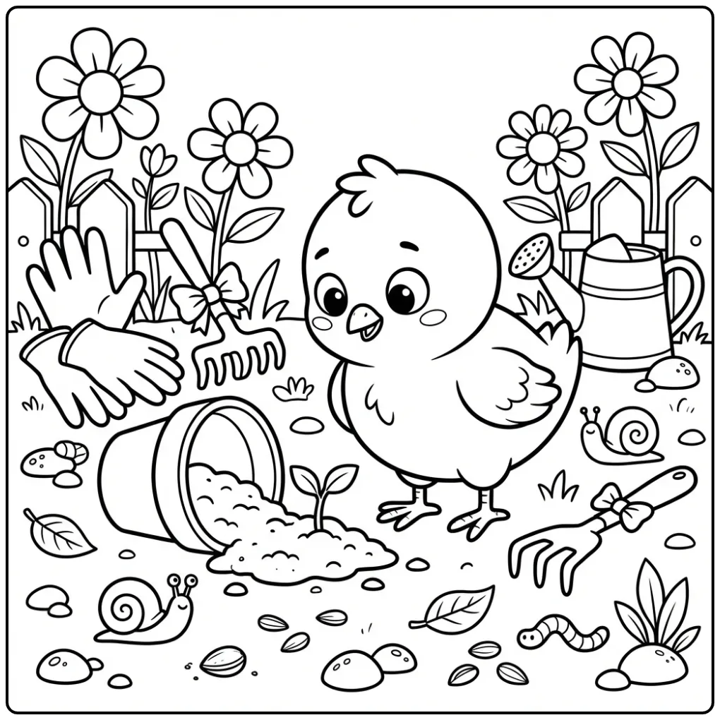 Chick coloring page with a fallen flowerpot