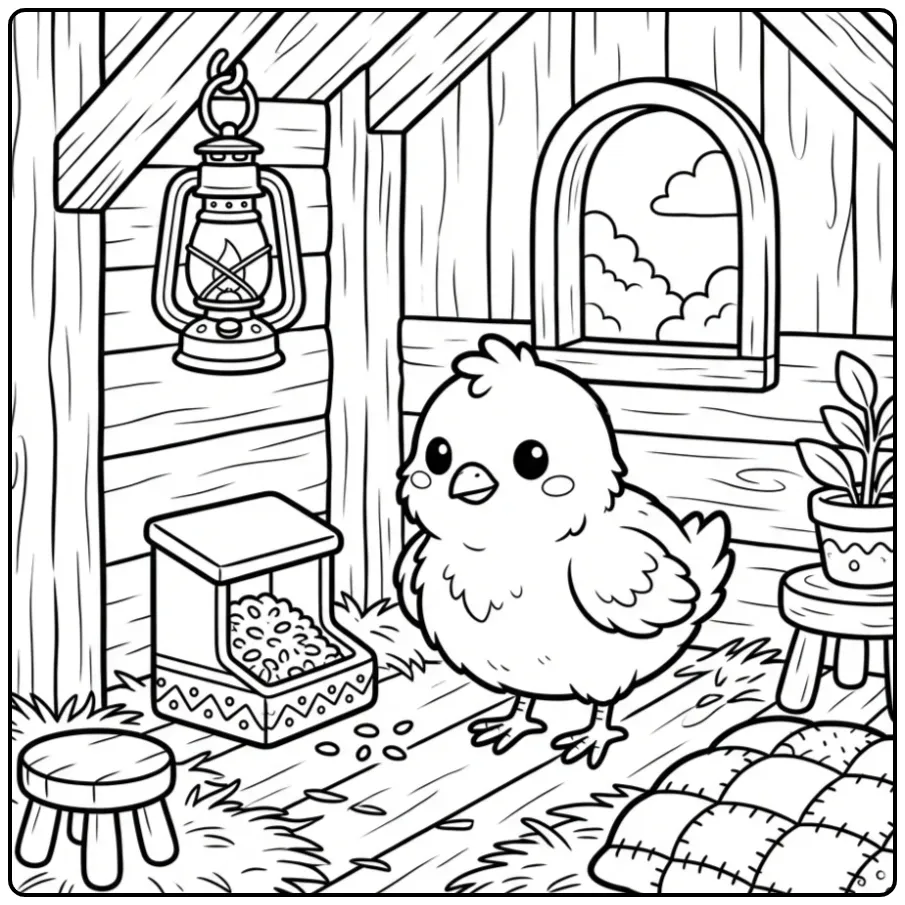 Chick coloring page in a cozy coop with a feeder