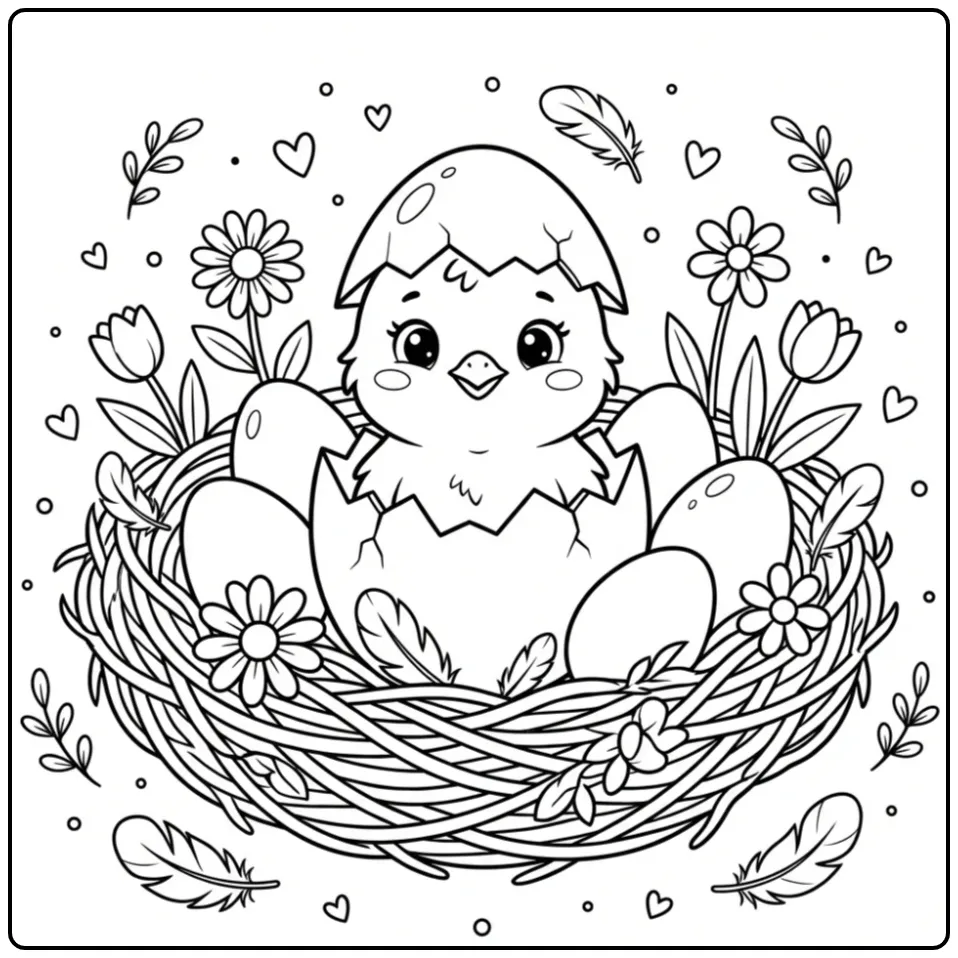 Chick coloring page hatching from an eggshell in a nest