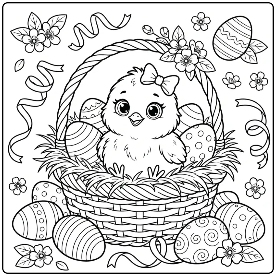 Chick coloring page in a basket with eggs and flowers