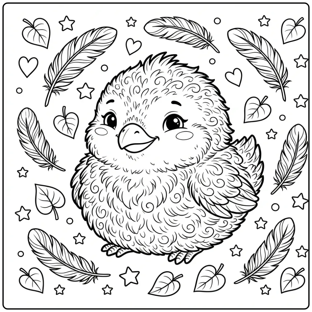 Chick coloring page with hearts, stars, and fluffy details