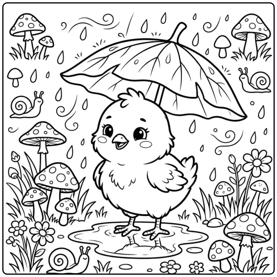 Rainy chick coloring page sheltering under a leaf